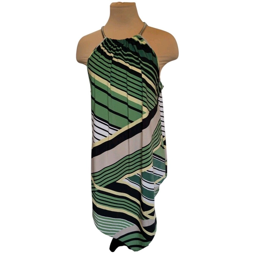 Alfani Halter Chain Neck Stripe V-Hem Tunic Size Medium Green Black Sexy Casual